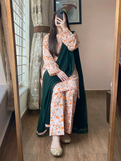 Premium Quality Cotton Skin Print Stitched Three Piece