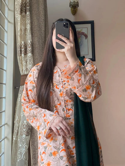Premium Quality Cotton Skin Print Stitched Three Piece