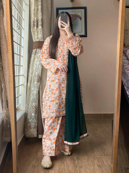 Premium Quality Cotton Skin Print Stitched Three Piece