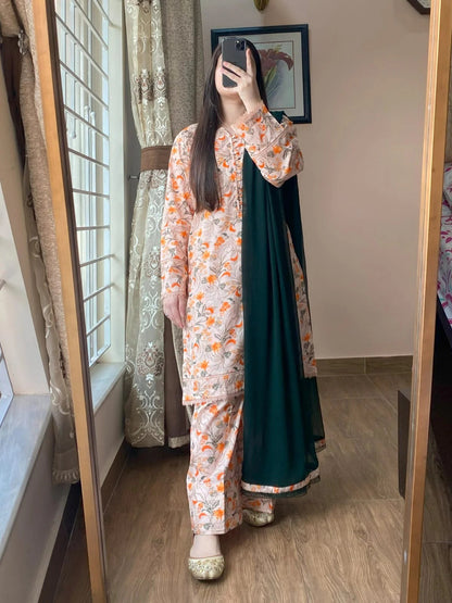 Premium Quality Cotton Skin Print Stitched Three Piece